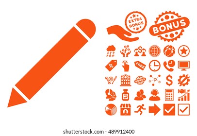 Pencil icon with bonus icon set. Vector illustration style is flat iconic symbols, orange color, white background.