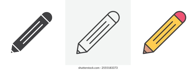 Pencil icon collection in black and colored style.