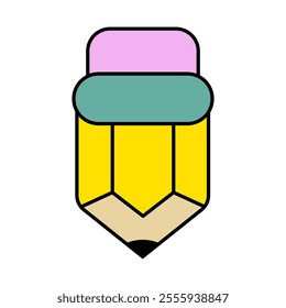 Pencil Icon with Colorful Design Vector Illustration. The pencil body is a bright yellow with a black outline, and the tip is beige to represent the sharpened wooden part.