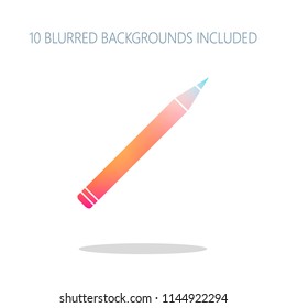Pencil icon. Colorful logo concept with simple shadow on white. 10 different blurred backgrounds included