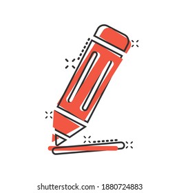 Pencil icon in comic style. Pen cartoon vector illustration on white isolated background. Drawing splash effect business concept.