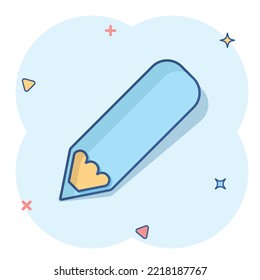 Pencil icon in comic style. Pen cartoon vector illustration on white isolated background. Drawing splash effect business concept.