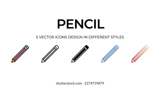 diseño de iconos de lápiz en estilo Cinco con barra editable. Línea, Sólido, Línea plana, Color de tono Duo y Línea de degradado de color. Adecuado para diseño de páginas Web, aplicaciones móviles, UI, UX y GUI.