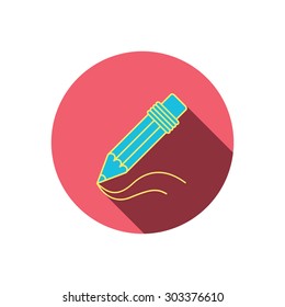 Pencil icon. Drawing tool sign. Study equipment. Red flat circle button. Linear icon with shadow. Vector