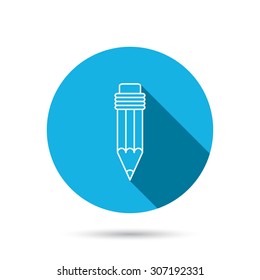 Pencil icon. Drawing tool sign. Blue flat circle button with shadow. Vector