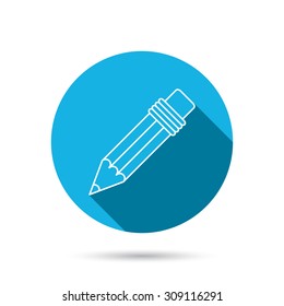 Pencil icon. Drawing tool sign. Blue flat circle button with shadow. Vector