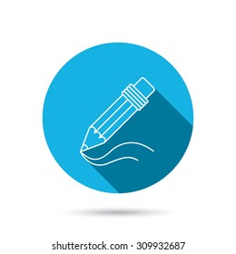 Pencil icon. Drawing tool sign. Study equipment. Blue flat circle button with shadow. Vector