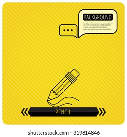 Pencil icon. Drawing tool sign. Study equipment. Chat speech bubbles. Orange line background. Vector