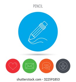 Pencil icon. Drawing tool sign. Study equipment. Mail, download and speech bubble buttons. Like symbol. Vector