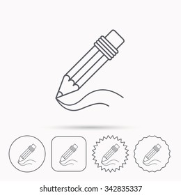 Pencil icon. Drawing tool sign. Study equipment. Linear circle, square and star buttons with icons.