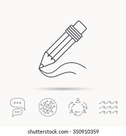 Pencil icon. Drawing tool sign. Study equipment. Global connect network, ocean wave and chat dialog icons. Teamwork symbol.
