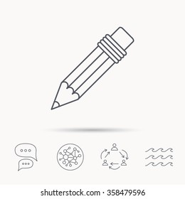 Pencil icon. Drawing tool sign. Global connect network, ocean wave and chat dialog icons. Teamwork symbol.