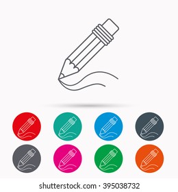 Pencil icon. Drawing tool sign. Study equipment. Linear icons in circles on white background.