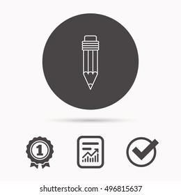 Pencil icon. Drawing tool sign. Report document, winner award and tick. Round circle button with icon. Vector