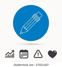 Pencil icon. Drawing tool sign. Calendar, attention sign and growth chart. Button with web icon. Vector