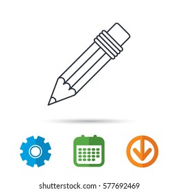Pencil icon. Drawing tool sign. Calendar, cogwheel and download arrow signs. Colored flat web icons. Vector