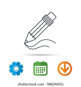 Pencil icon. Drawing tool sign. Study equipment. Calendar, cogwheel and download arrow signs. Colored flat web icons. Vector