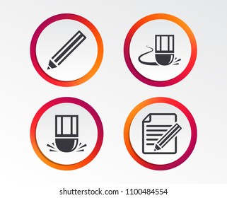 Pencil icon. Edit document file. Eraser sign. Correct drawing symbol. Infographic design buttons. Circle templates. Vector