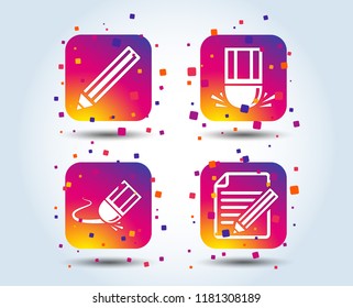Pencil icon. Edit document file. Eraser sign. Correct drawing symbol. Colour gradient square buttons. Flat design concept. Vector