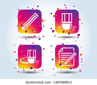 Pencil icon. Edit document file. Eraser sign. Correct drawing symbol. Colour gradient square buttons. Flat design concept. Vector