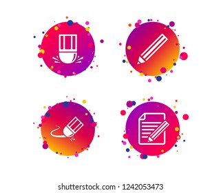 Pencil icon. Edit document file. Eraser sign. Correct drawing symbol. Gradient circle buttons with icons. Random dots design. Vector