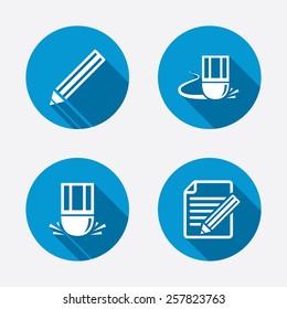 Pencil icon. Edit document file. Eraser sign. Correct drawing symbol. Circle concept web buttons. Vector