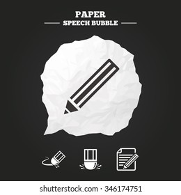 Pencil icon. Edit document file. Eraser sign. Correct drawing symbol. Paper speech bubble with icon.