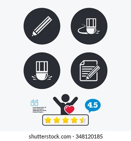 Pencil icon. Edit document file. Eraser sign. Correct drawing symbol. Star vote ranking. Client like and think bubble. Quotes with message.