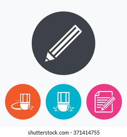 Pencil icon. Edit document file. Eraser sign. Correct drawing symbol. Circle flat buttons with icon.