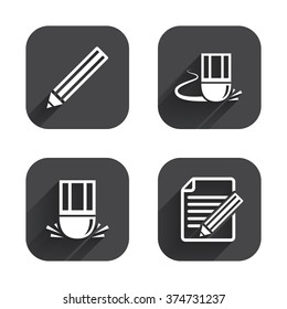 Pencil icon. Edit document file. Eraser sign. Correct drawing symbol. Square flat buttons with long shadow.