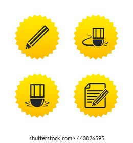 Pencil icon. Edit document file. Eraser sign. Correct drawing symbol. Yellow stars labels with flat icons. Vector