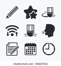 Pencil icon. Edit document file. Eraser sign. Correct drawing symbol. Wifi internet, favorite stars, calendar and clock. Talking head. Vector