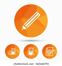 Pencil icon. Edit document file. Eraser sign. Correct drawing symbol. Triangular low poly buttons with shadow. Vector