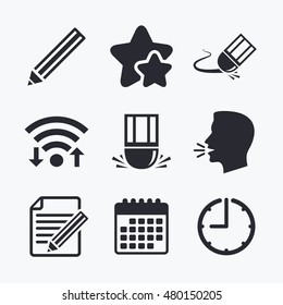 Pencil icon. Edit document file. Eraser sign. Correct drawing symbol. Wifi internet, favorite stars, calendar and clock. Talking head. Vector