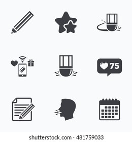 Pencil icon. Edit document file. Eraser sign. Correct drawing symbol. Flat talking head, calendar icons. Stars, like counter icons. Vector