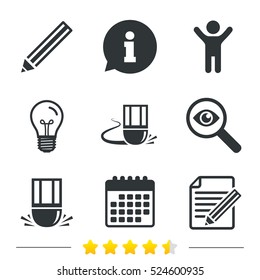 Pencil icon. Edit document file. Eraser sign. Correct drawing symbol. Information, light bulb and calendar icons. Investigate magnifier. Vector