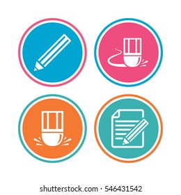 Pencil icon. Edit document file. Eraser sign. Correct drawing symbol. Colored circle buttons. Vector
