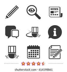 Pencil icon. Edit document file. Eraser sign. Correct drawing symbol. Newspaper, information and calendar icons. Investigate magnifier, chat symbol. Vector