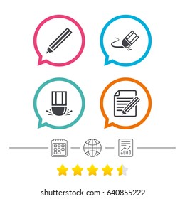 Pencil icon. Edit document file. Eraser sign. Correct drawing symbol. Calendar, internet globe and report linear icons. Star vote ranking. Vector