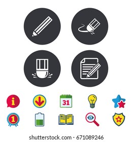 Pencil icon. Edit document file. Eraser sign. Correct drawing symbol. Calendar, Information and Download signs. Stars, Award and Book icons. Light bulb, Shield and Search. Vector