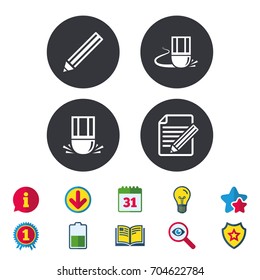 Pencil icon. Edit document file. Eraser sign. Correct drawing symbol. Calendar, Information and Download signs. Stars, Award and Book icons. Light bulb, Shield and Search. Vector