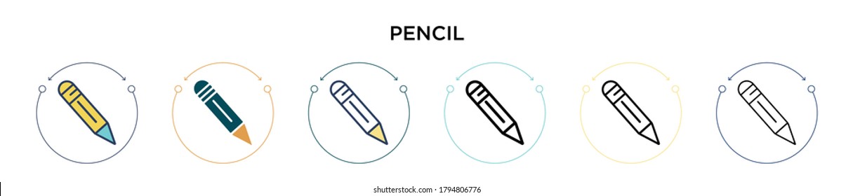 Icono de lápiz con estilo relleno, delgado, contorno y trazo. Ilustración vectorial de dos iconos vectores de lápiz de color y negro se puede utilizar para móviles, ui, web