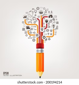 Pencil icon. Flat abstract background with web icons. Interface symbols. Cloud computing. Mobile devices.Business concept.