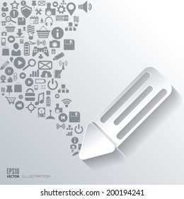 Pencil icon. Flat abstract background with web icons. Interface symbols. Cloud computing. Mobile devices.Business concept.