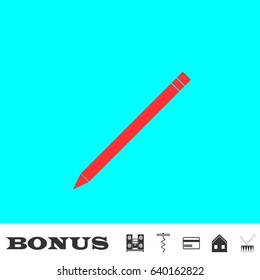 Pencil icon flat. Red pictogram on blue background. Vector illustration symbol and bonus buttons Music center, corkscrew, credit card, house, drum