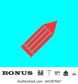 Pencil icon flat. Red pictogram on blue background. Vector illustration symbol and bonus buttons Music center, corkscrew, credit card, house, drum
