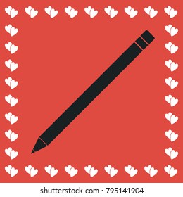 Pencil icon flat. Simple black pictogram on red background with white hearts for valentines day. Vector illustration symbol