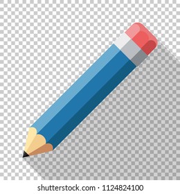 Pencil icon in flat style with long shadow on transparent background