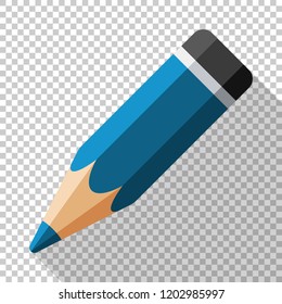 Pencil icon in a flat style with a long shadow on a transparent background