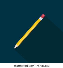 Pencil icon in flat style with long shadow, isolated vector illustration on blue transparent background